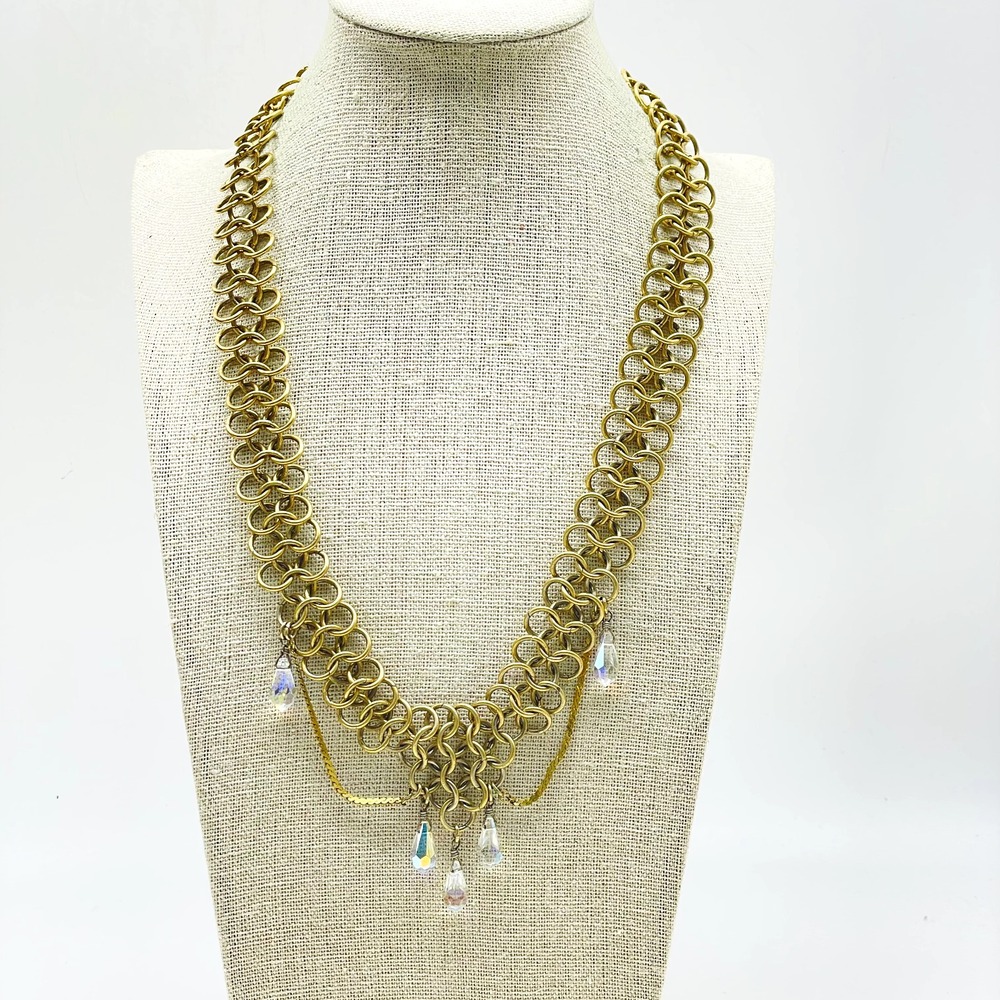 Vintage Gold Tone Statement Necklace AB Bead Dangle Layered Multi Chain